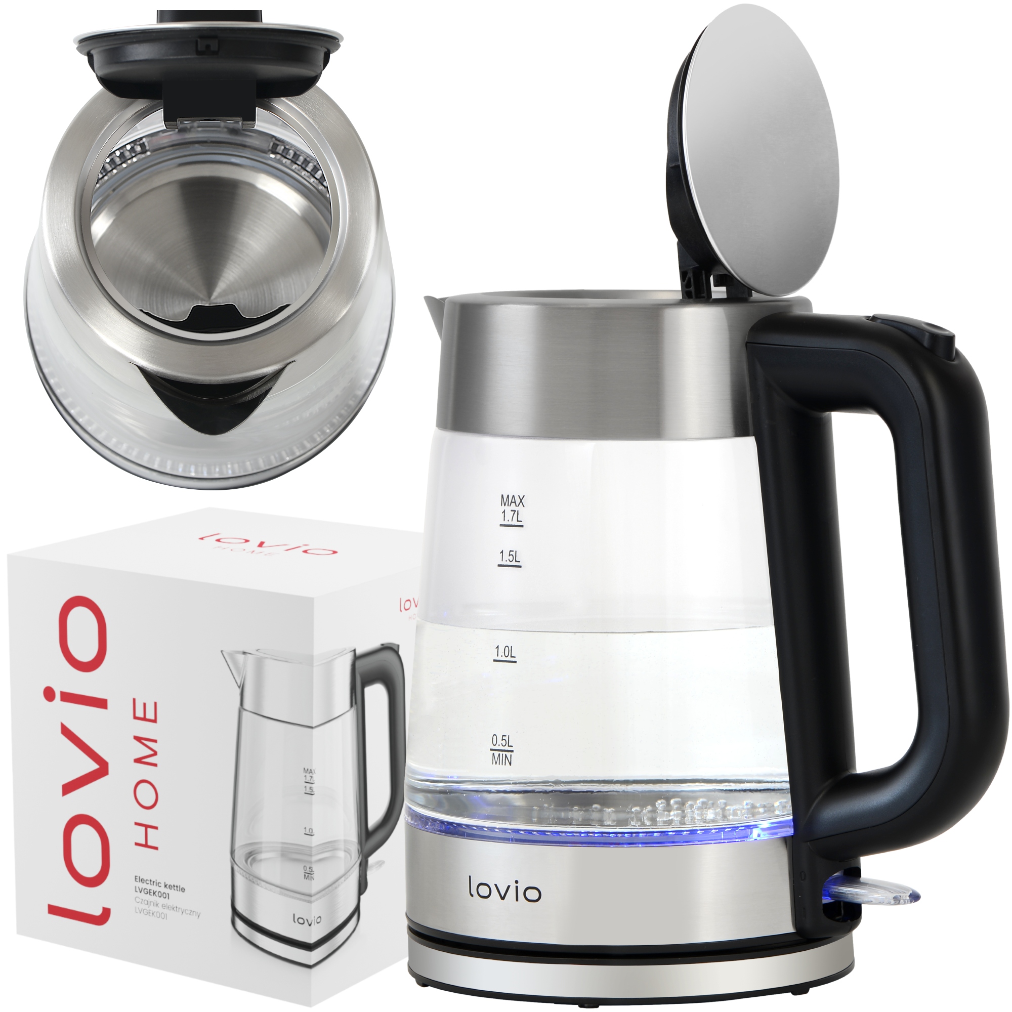 Bezdrôtová rýchlovarná kanvica LOVIO Bezdrôtová sklenená rýchlovarná kanvica LVGEK001 2200 W 1,7 l strieborná/šedá
